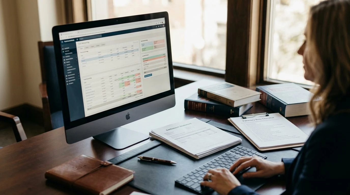 A desk with a computer screen showing trust accounting software, beside settlement statements and a fiduciary duty checklist.