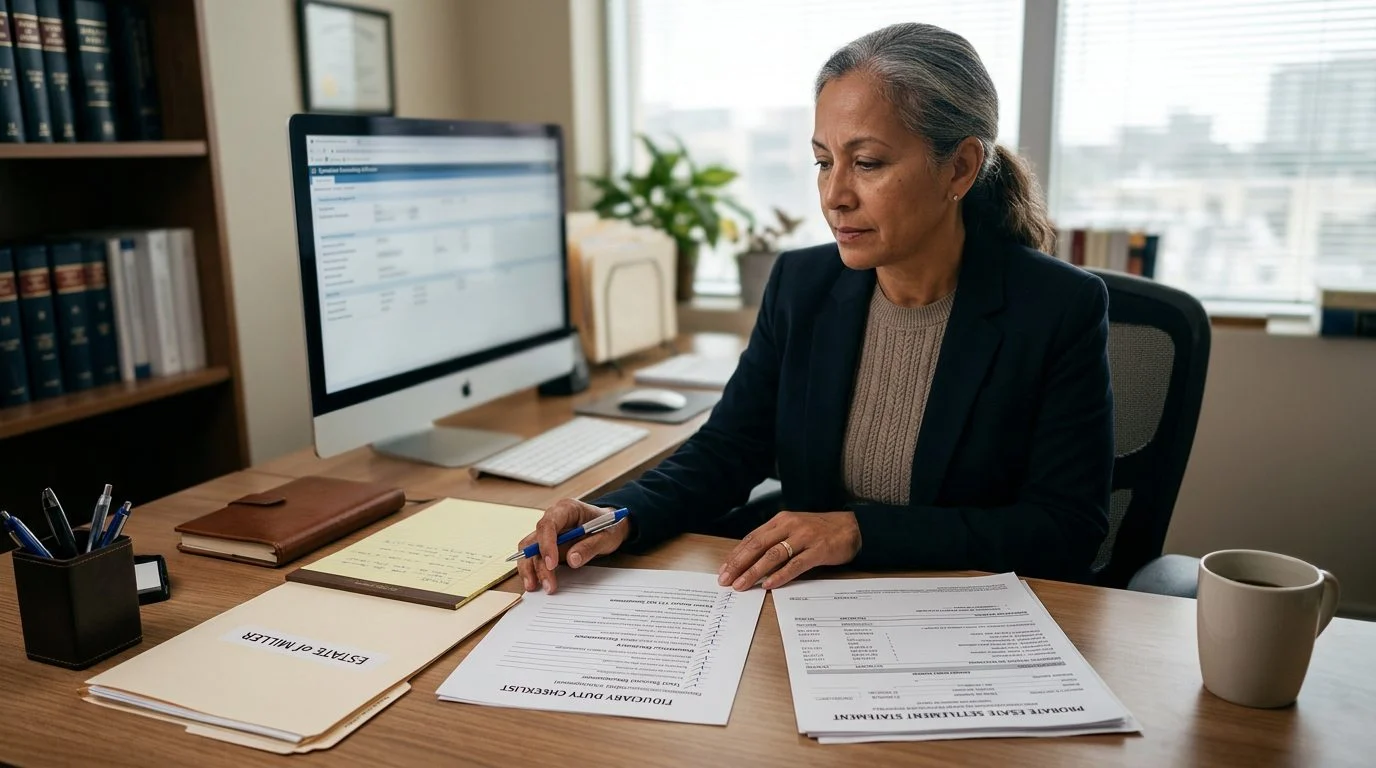 A desk with a computer showing trust accounting software, plus settlement statements and a fiduciary duty checklist.