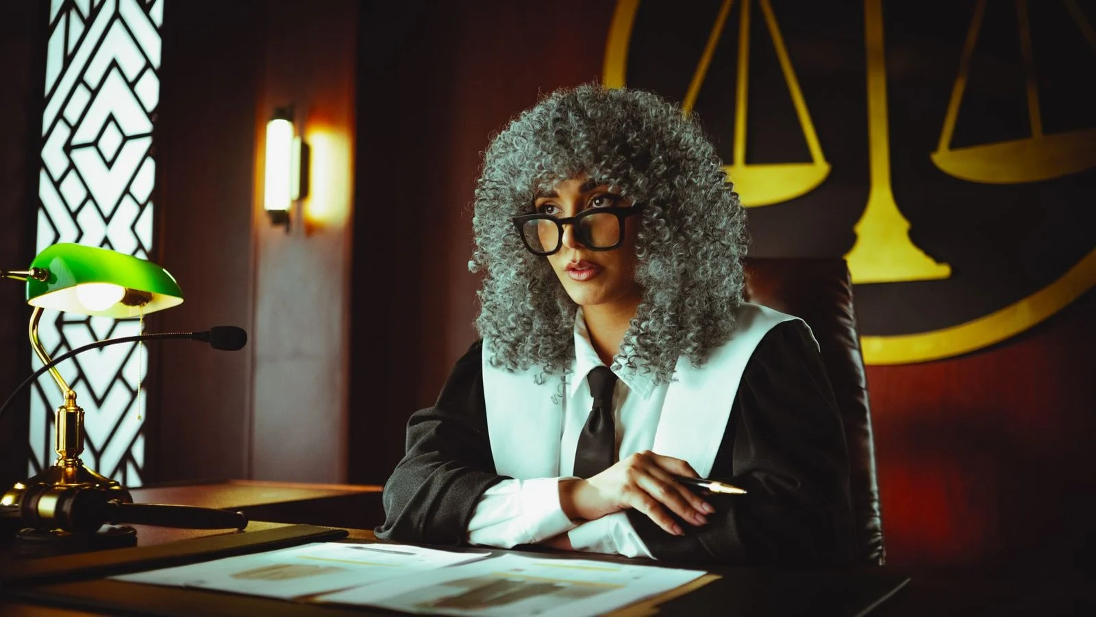A female judge sits at a courtroom desk with justice scales in the background.