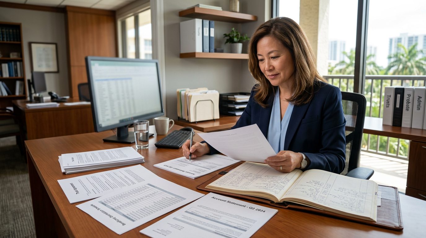 A fiduciary reviews distribution schedules and account statements beside trust documents and ledgers.