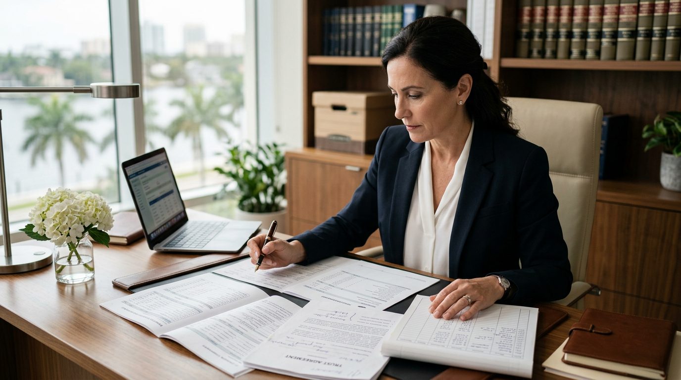 A fiduciary reviews trust documents, account statements, and beneficiary distribution schedules at a desk in a trust administration office.