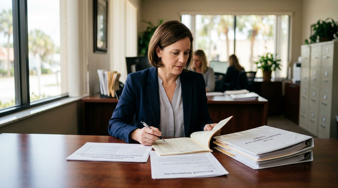A fiduciary reviews trust documents, account statements, and distribution schedules at a desk in a trust administration office.