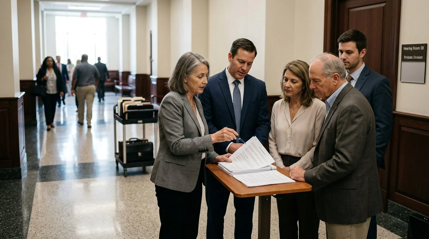 A hallway outside a courtroom where people in business attire review documents together.
