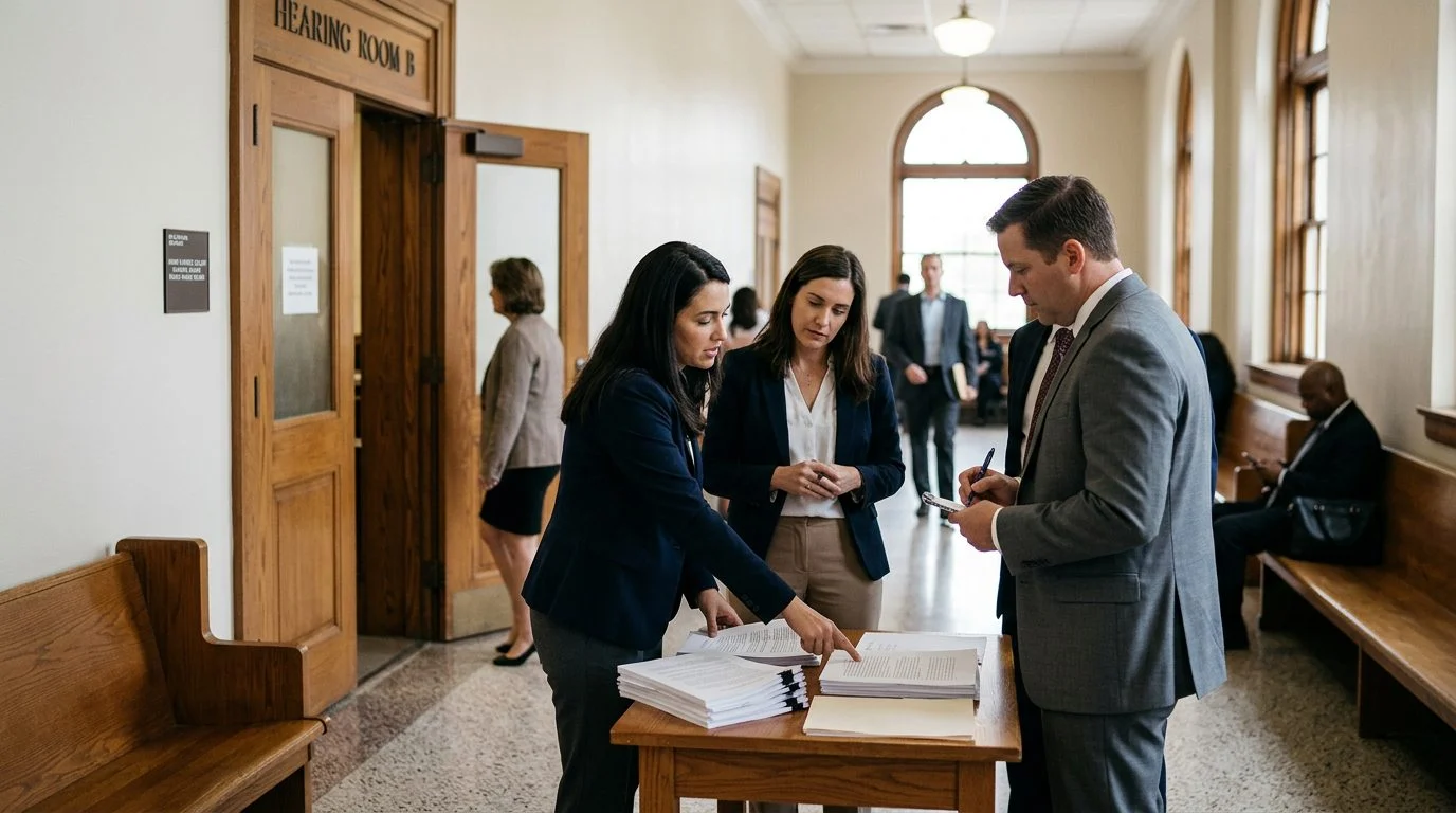 A hallway outside a courtroom where people in business attire stand in small groups reviewing documents.
