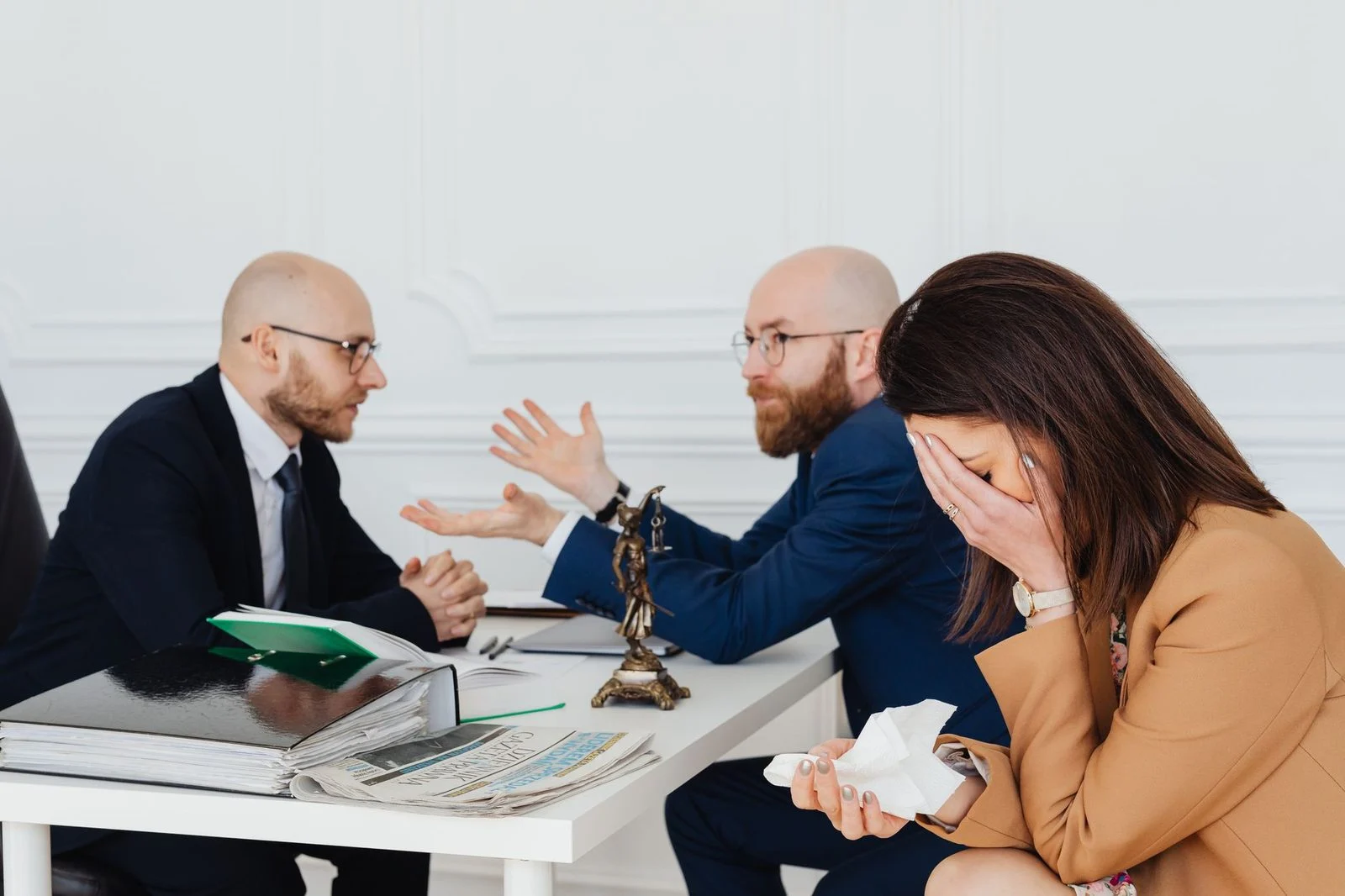 A lawyer sits across a desk from a distressed couple during a settlement discussion in an office.