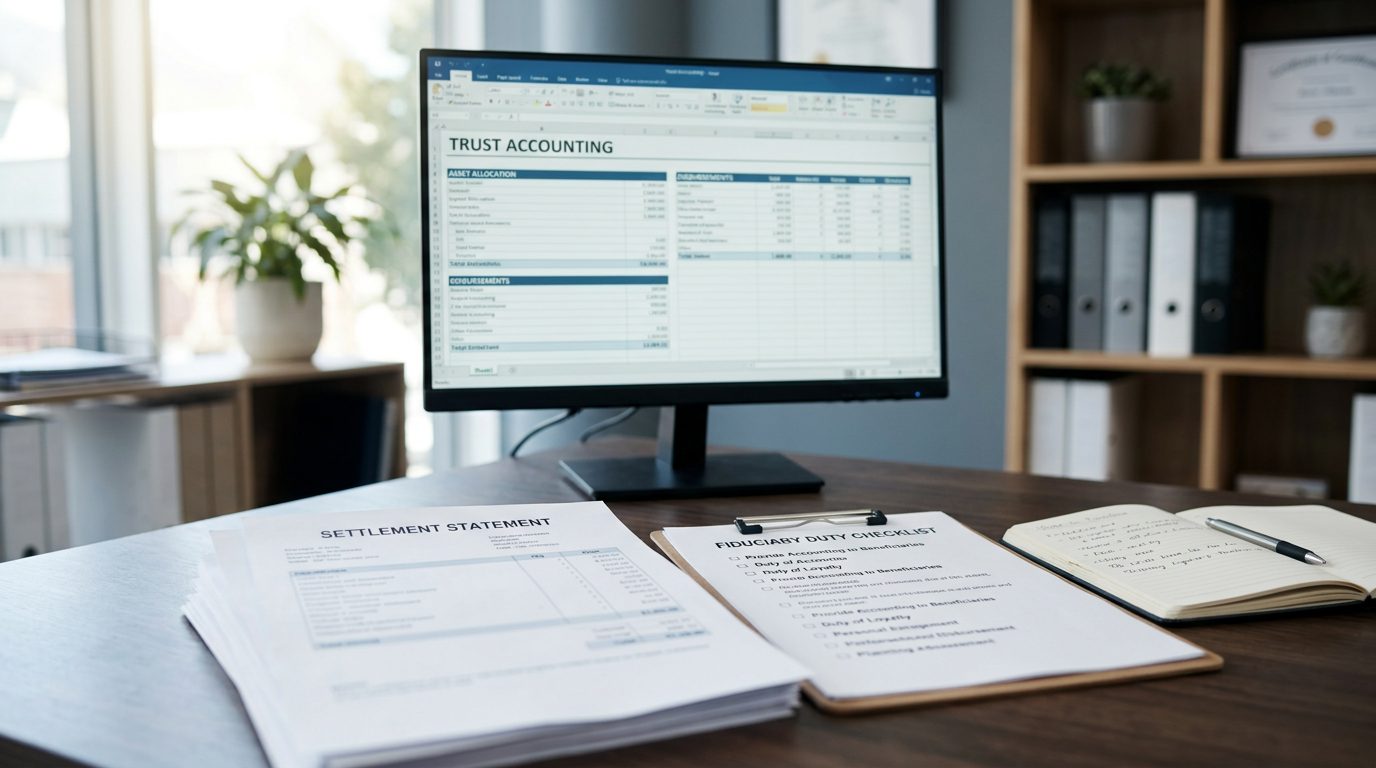 A probate administrator's desk with trust accounting software on screen, beside settlement statements and a fiduciary duty checklist.