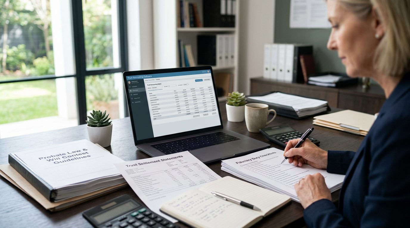 Escritorio de un administrador de sucesiones con software de contabilidad fiduciaria en pantalla, junto a informes de liquidación y una lista de deberes fiduciarios.