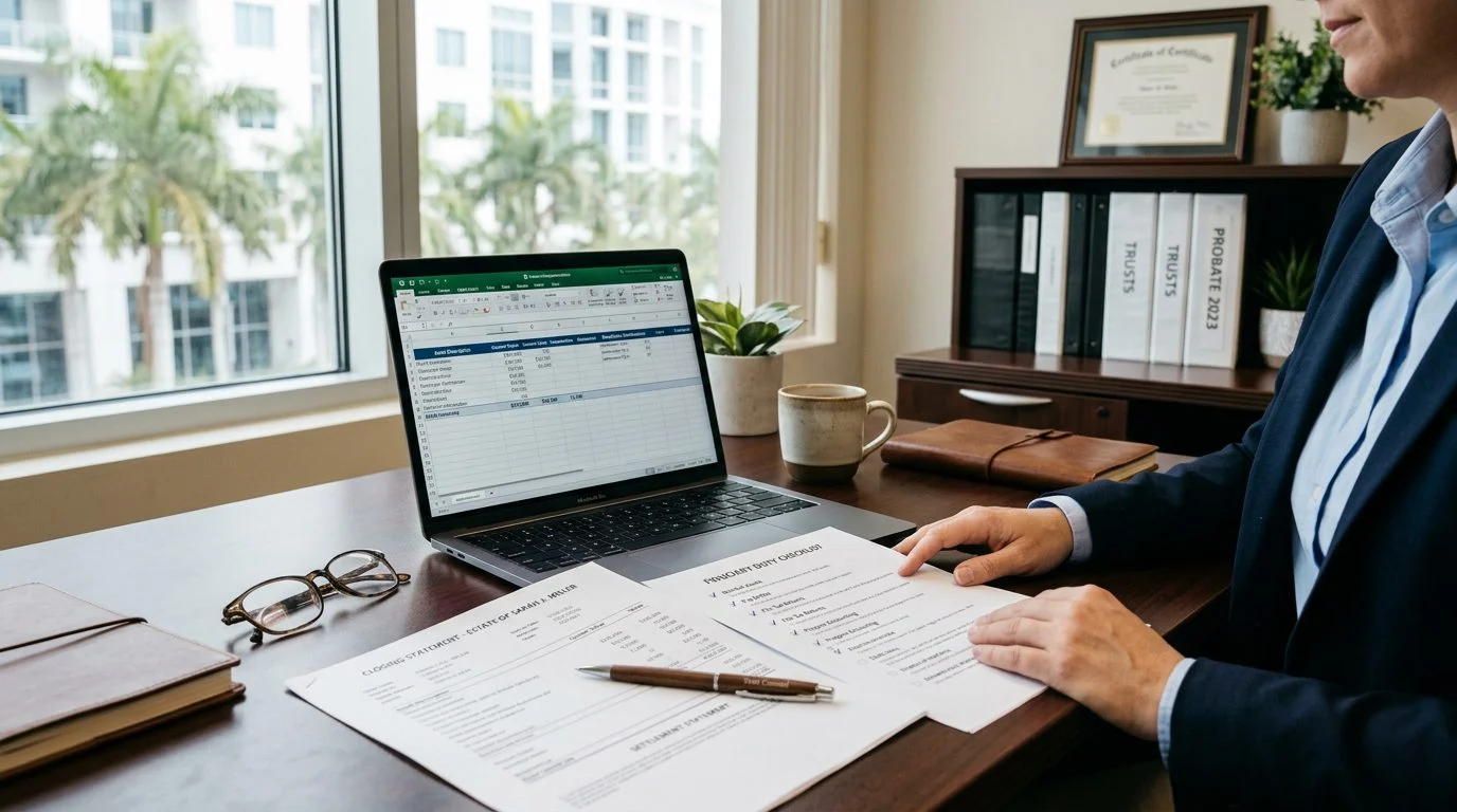 A probate administrator's desk with trust accounting software open on screen, alongside settlement statements and a fiduciary duty checklist.