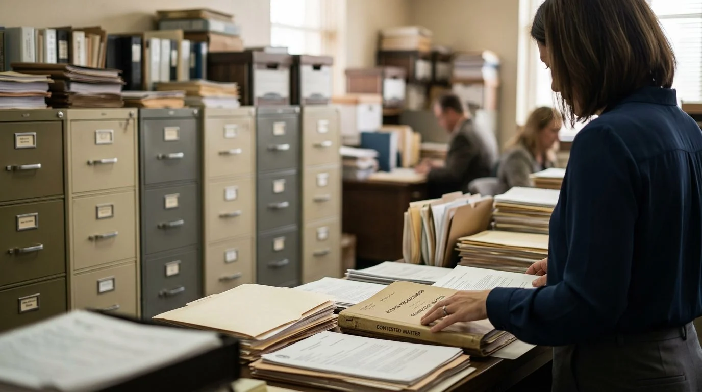A probate clerk's office with filing cabinets and stacked case folders, reflecting the paperwork of contested estate cases.