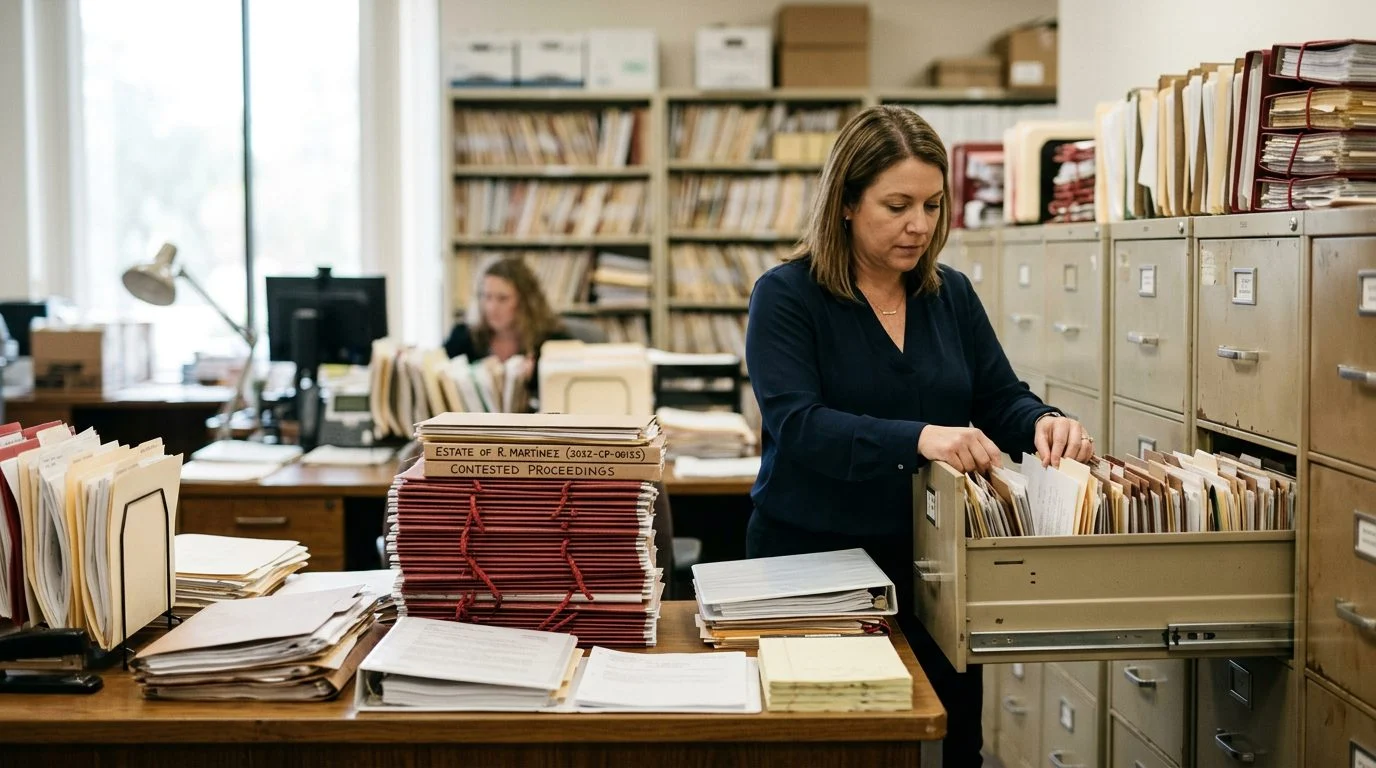 Oficina de un secretario judicial con archivadores metálicos y carpetas de expedientes apiladas.