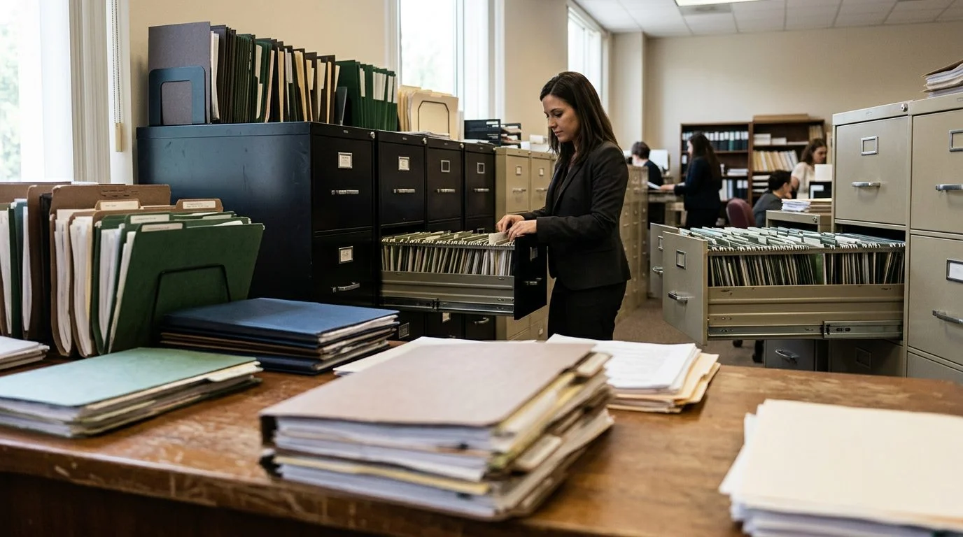 A probate clerk's office with filing cabinets and stacked case folders.