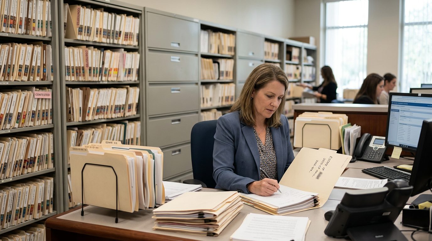 A probate clerk's office with filing cabinets and stacks of case folders on a desk.