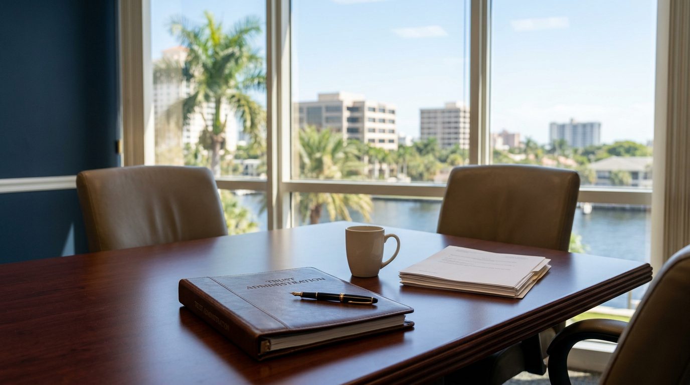 A wooden desk with trust documents, a pen, a calculator, and eyeglasses in a bright Florida home office.