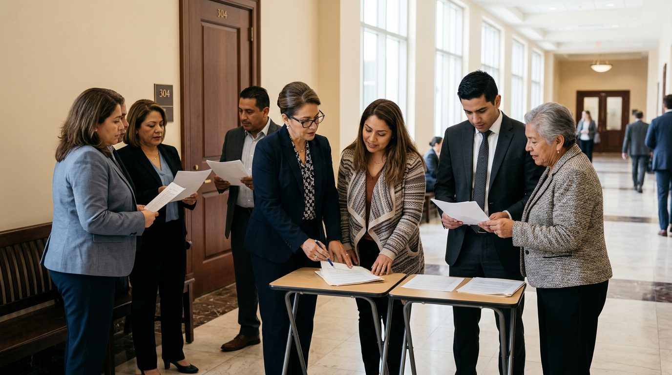 Abogados y beneficiarios de fideicomiso revisan acuerdos en pasillo de tribunal de sucesiones.