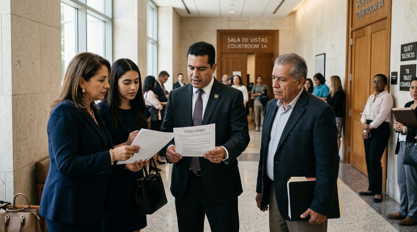 Abogados y beneficiarios de fideicomisos revisan acuerdos en pasillo de tribunal de sucesiones.