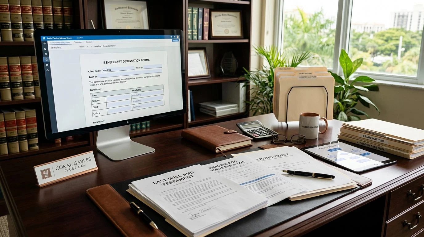 An estate planning attorney's desk with a completed will, power of attorney forms, and a living trust document beside a computer showing beneficiary