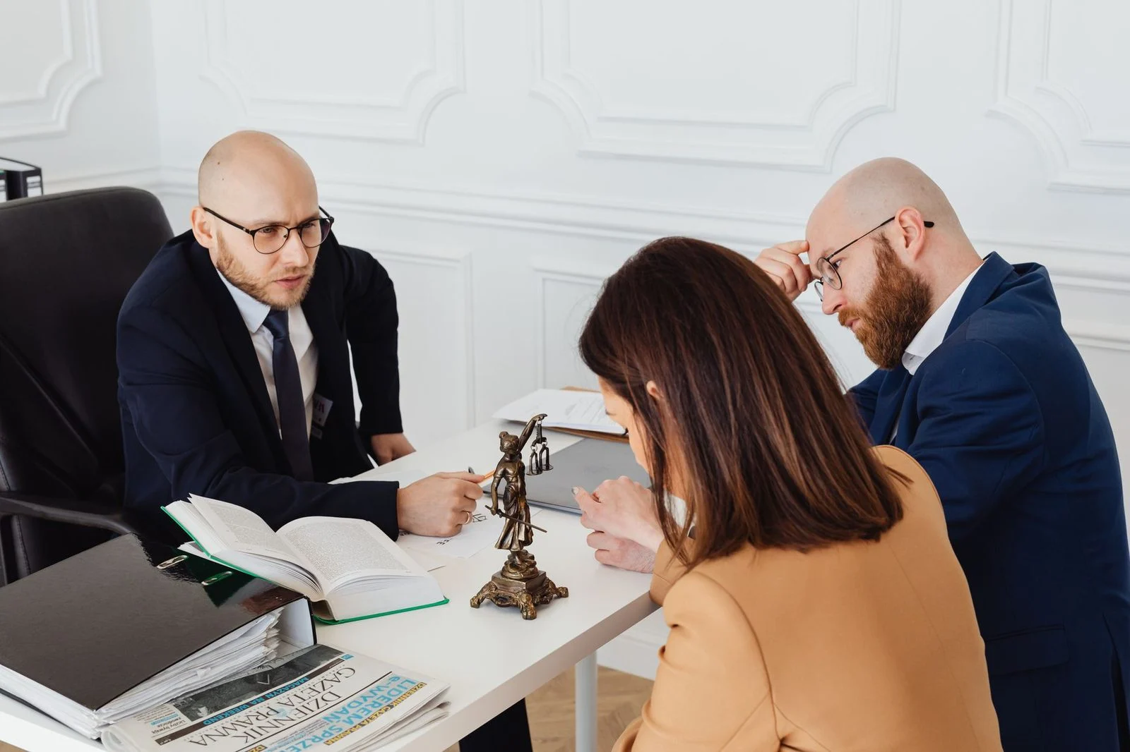 Attorney meets with clients in a modern Coral Gables office during a serious case discussion.