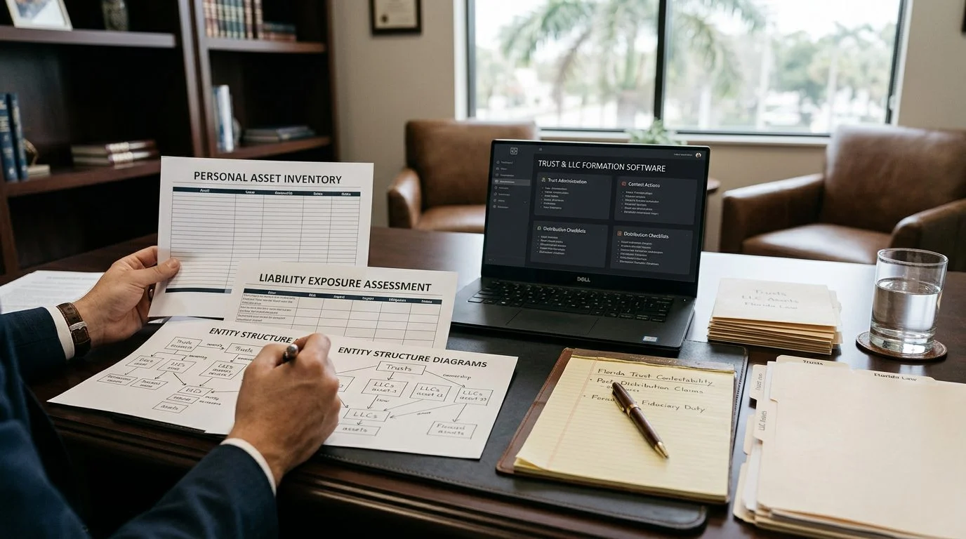 Attorney's desk with asset spreadsheets, liability assessments, entity diagrams, and trust software on screen.