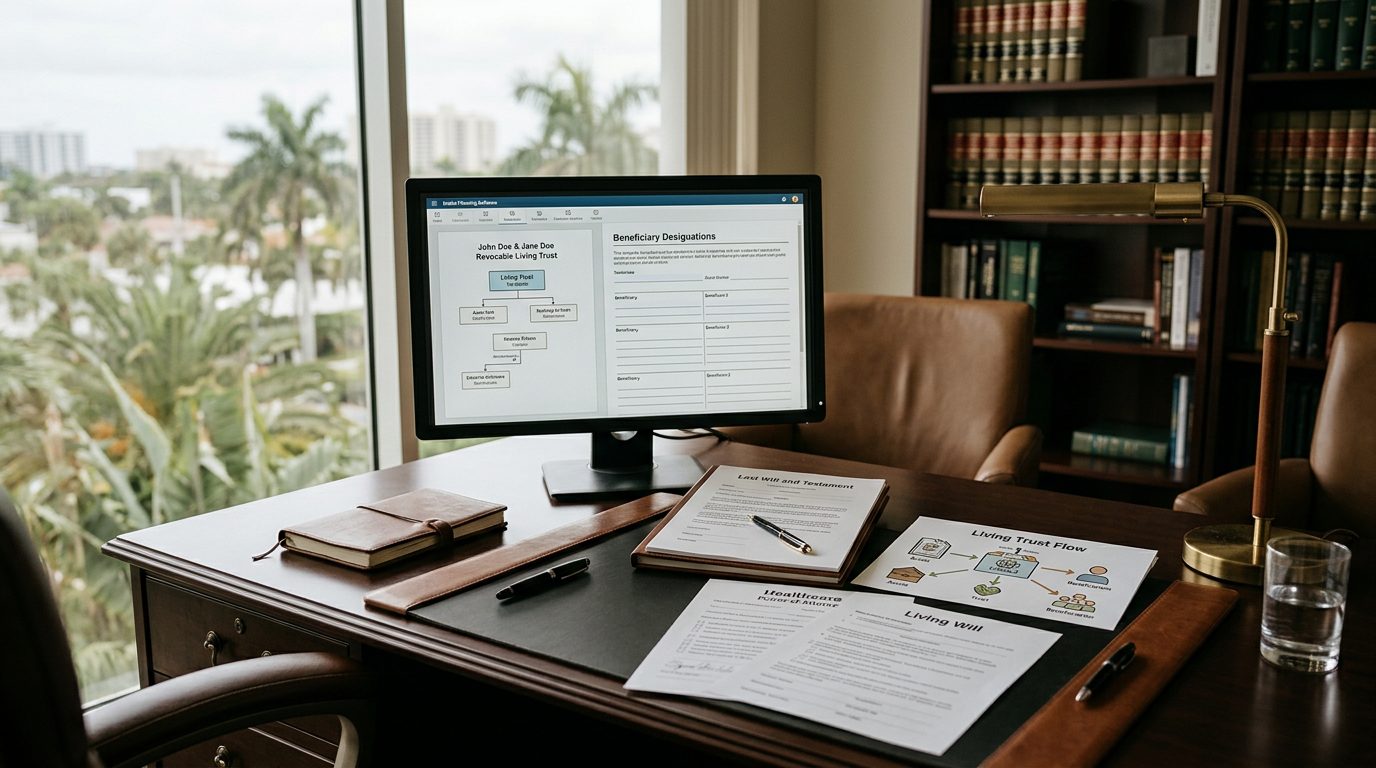 Attorney's desk with will, power of attorney forms, living trust documents, and estate planning software on computer screen.