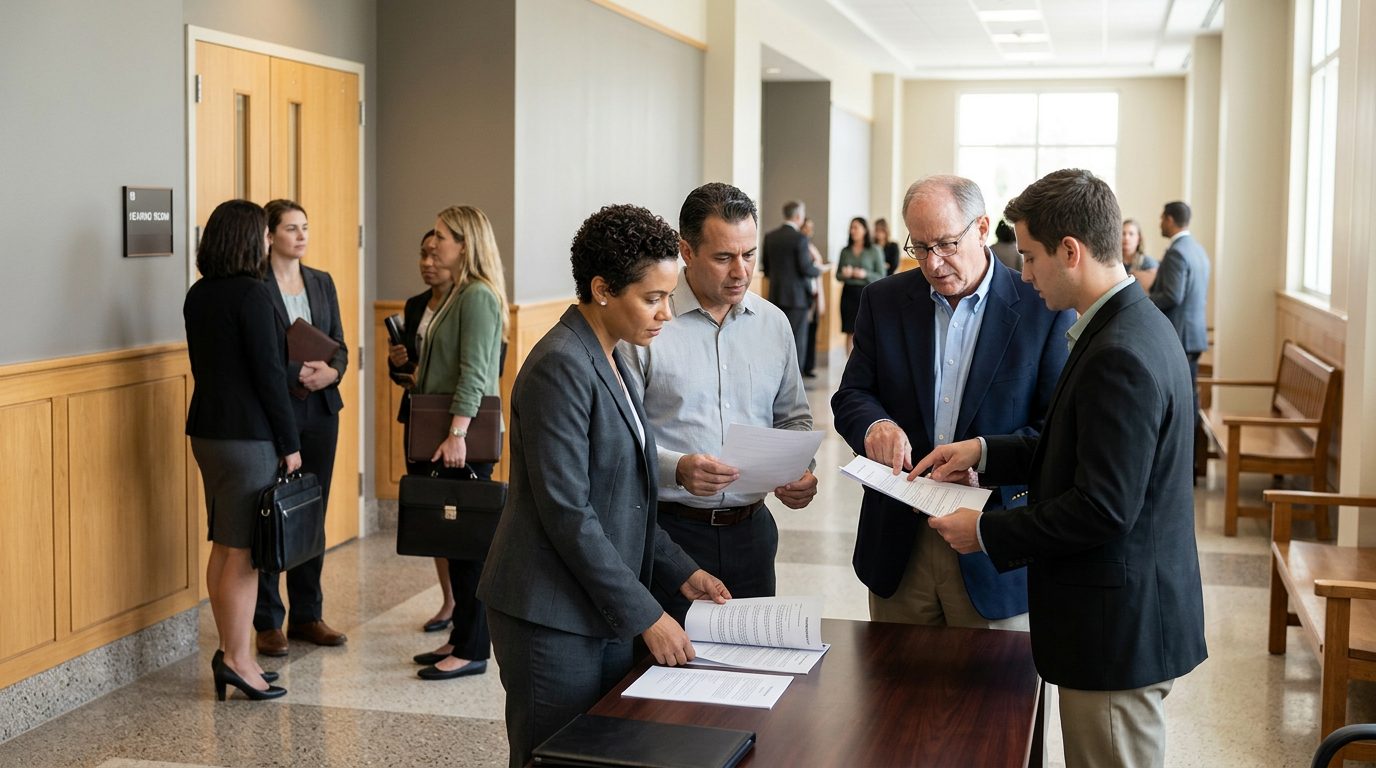 Attorneys and clients review settlement documents in a probate court hallway before hearing.