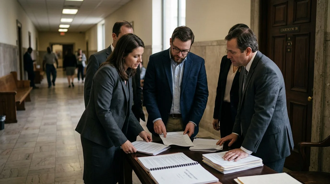 Beneficiaries and attorneys review settlement papers in a Florida probate court hallway outside a hearing room.