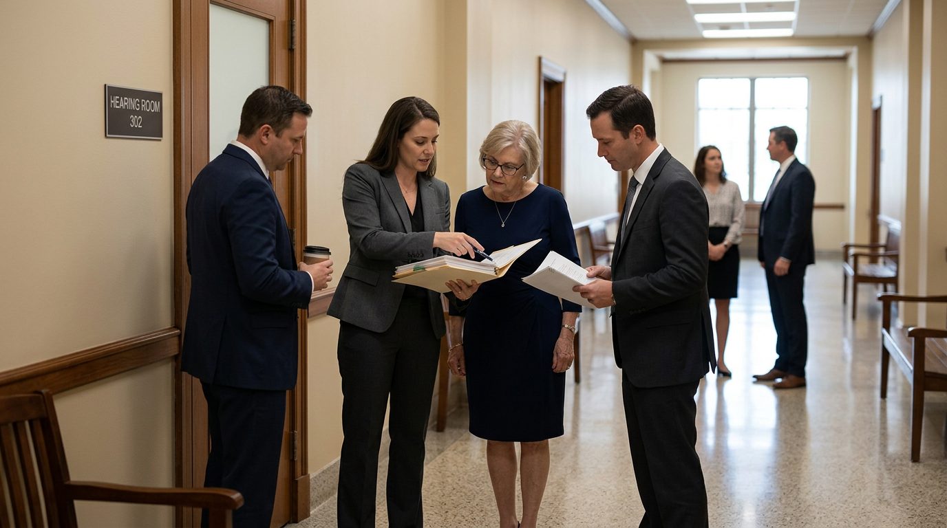 Beneficiaries and attorneys review settlement papers in a probate court hallway outside a hearing room.