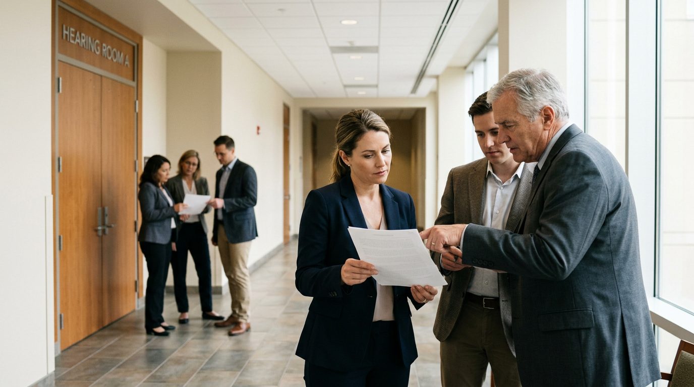 Beneficiaries and attorneys review settlement papers in a probate court hallway outside a hearing room.