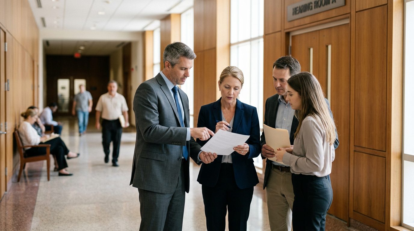 Beneficiaries and attorneys review settlement papers in a probate courthouse hallway outside a hearing room.