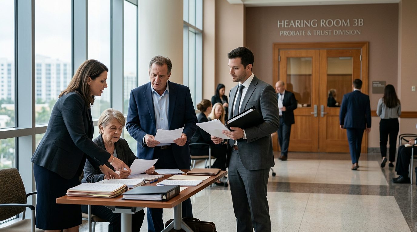 Beneficiaries and their attorneys review settlement papers in a probate court hallway outside a hearing room.