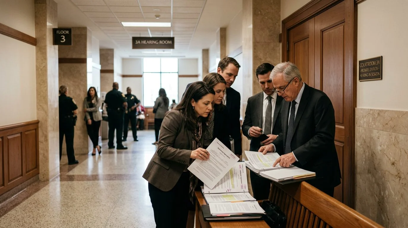 Beneficiaries and their attorneys review settlement papers in a probate court hallway outside a hearing room.