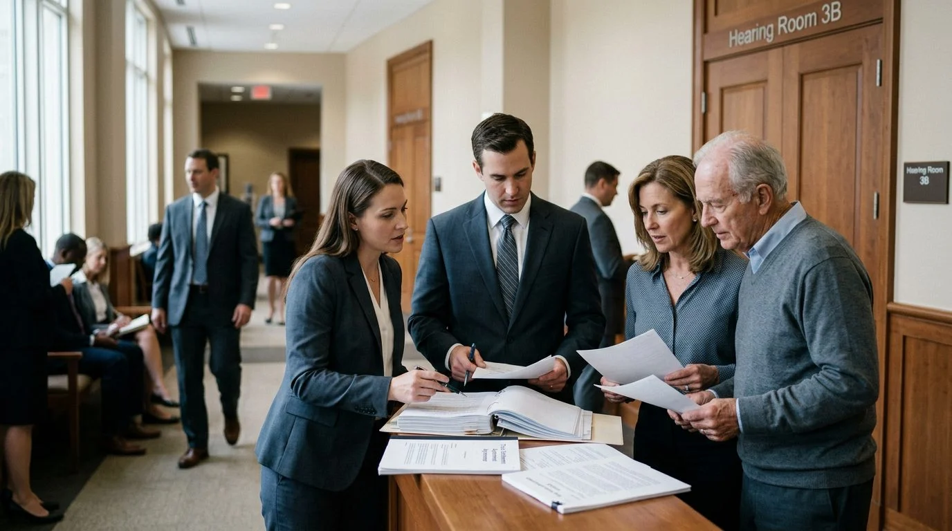 Beneficiaries and their attorneys review settlement papers in a probate court hallway outside a hearing room.