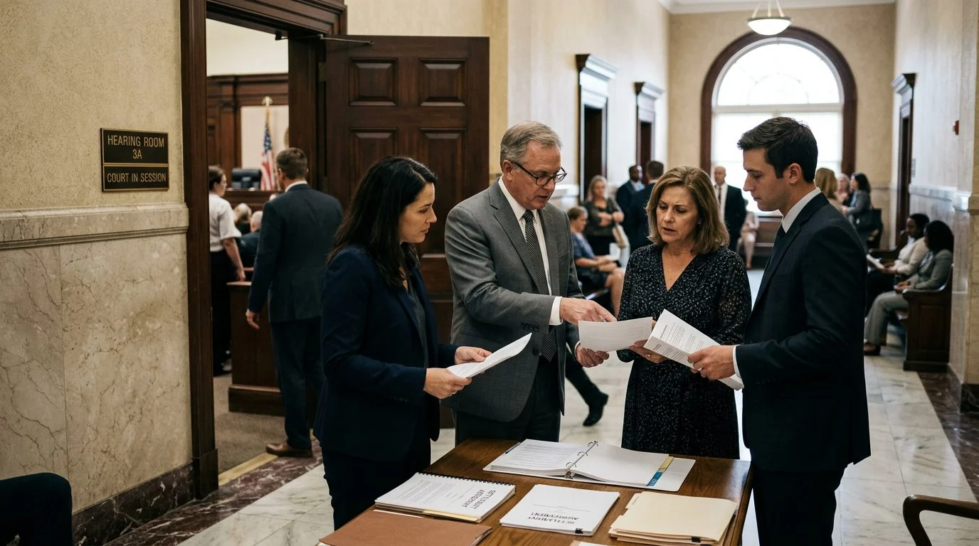Beneficiaries and their attorneys review settlement papers in a probate court hallway outside a hearing room.