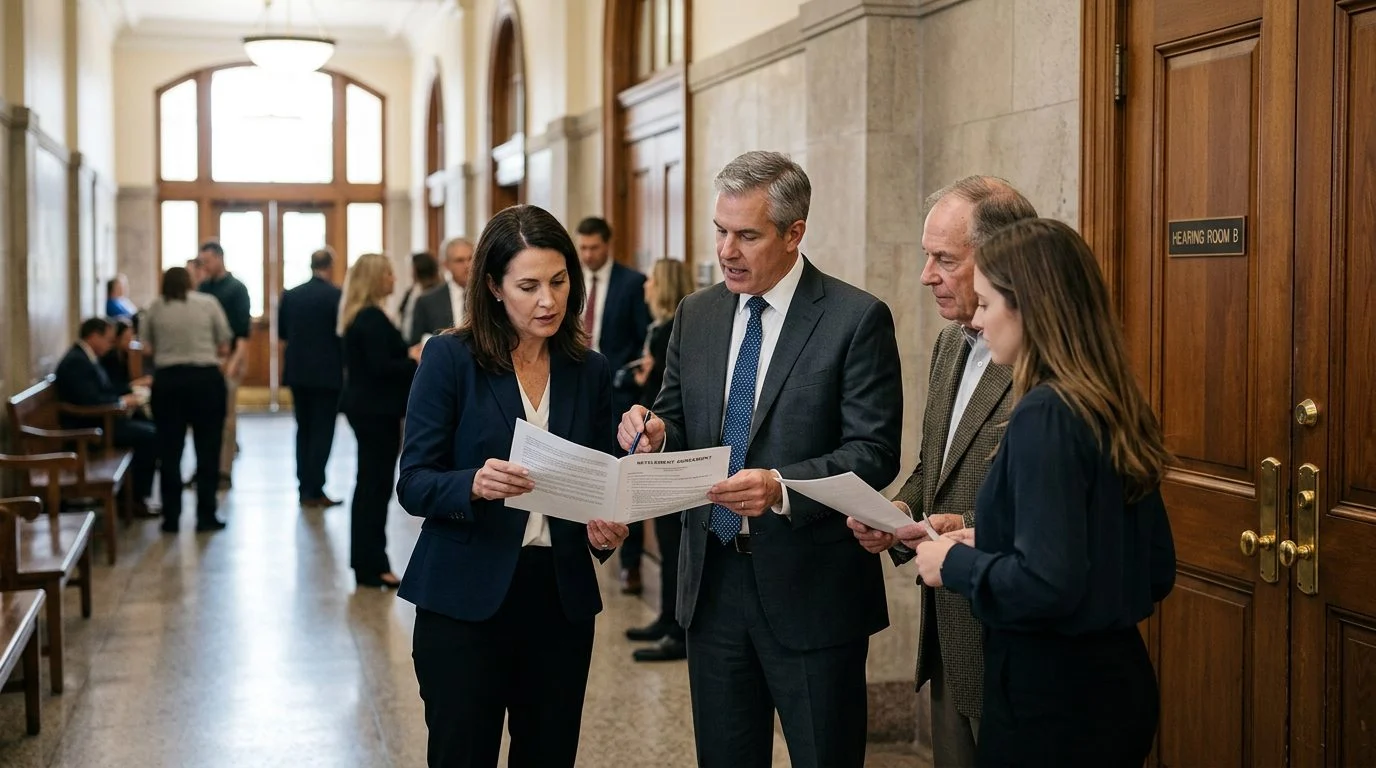 Beneficiaries and their attorneys review settlement papers in a courthouse hallway outside a probate hearing room.