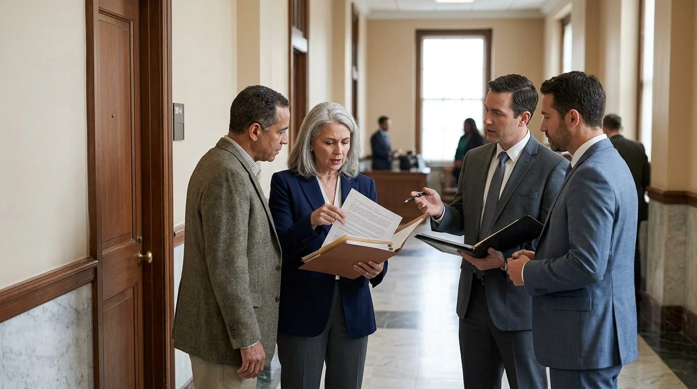 Beneficiaries and their attorneys review settlement papers in a probate court hallway outside a hearing room.
