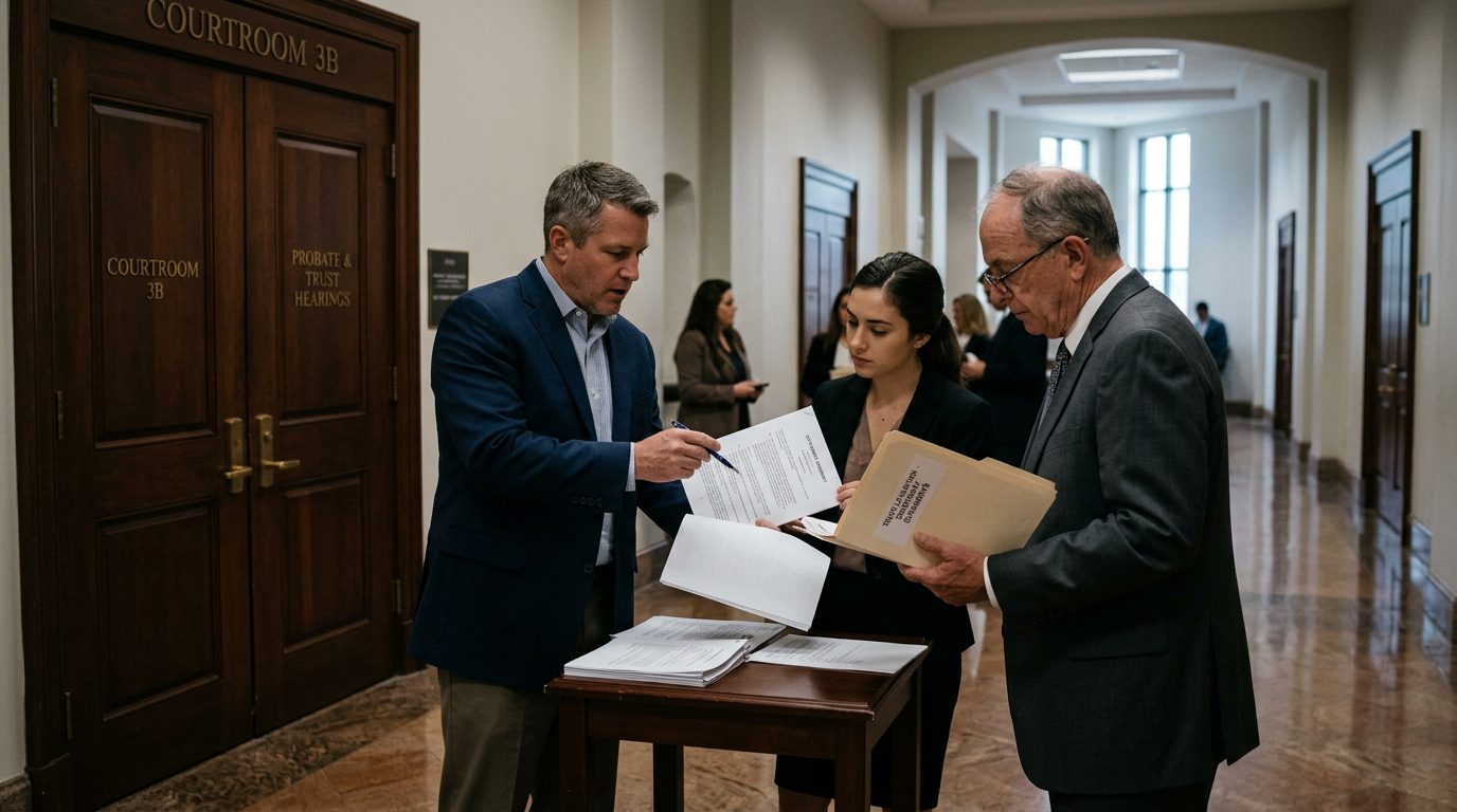 Beneficiaries and their attorneys review settlement papers in a probate court hallway outside a hearing room.