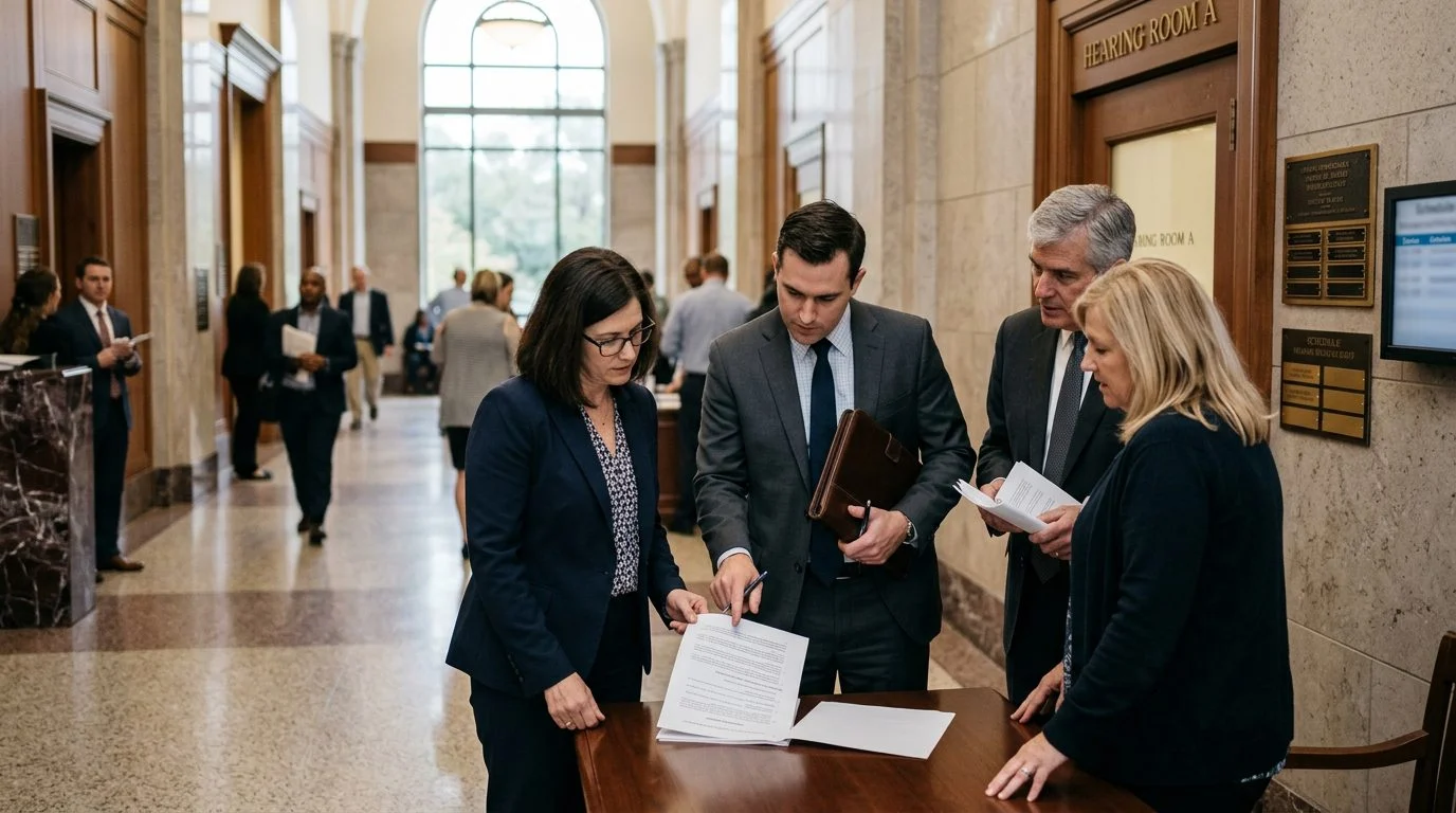Beneficiaries and their attorneys stand in a courthouse hallway outside a probate hearing room, reviewing settlement papers.
