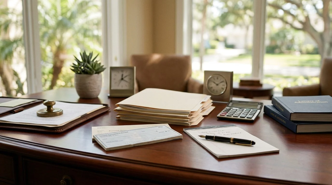 Close-up of a desk with a calculator, pen, and folded paperwork beside a Florida estate file.