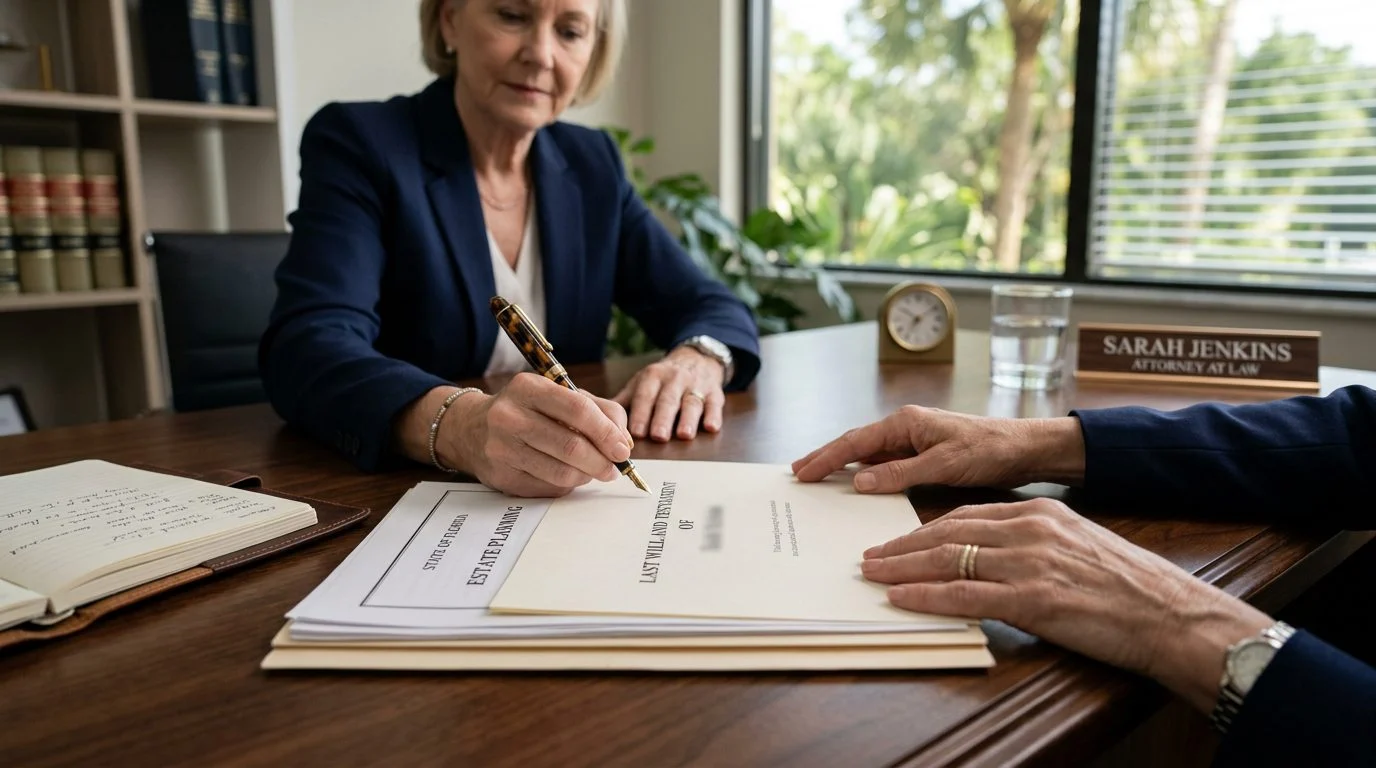 Close-up of a desk with a pen resting on a printed document beside a small house key and eyeglasses in Florida.