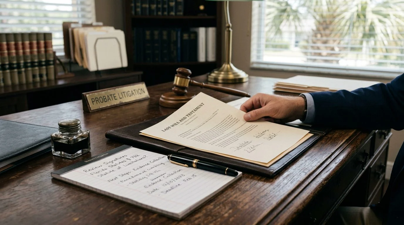 Close-up of a legal document and pen on a wooden desk, suggesting paperwork review in a Florida estate matter.