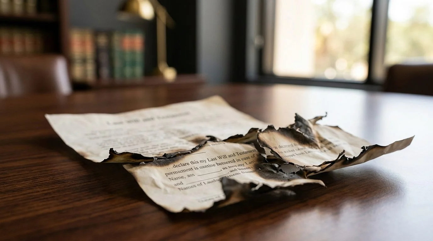 Close-up of a paper document with torn and scorched edges on a desk, representing a damaged will in Florida.