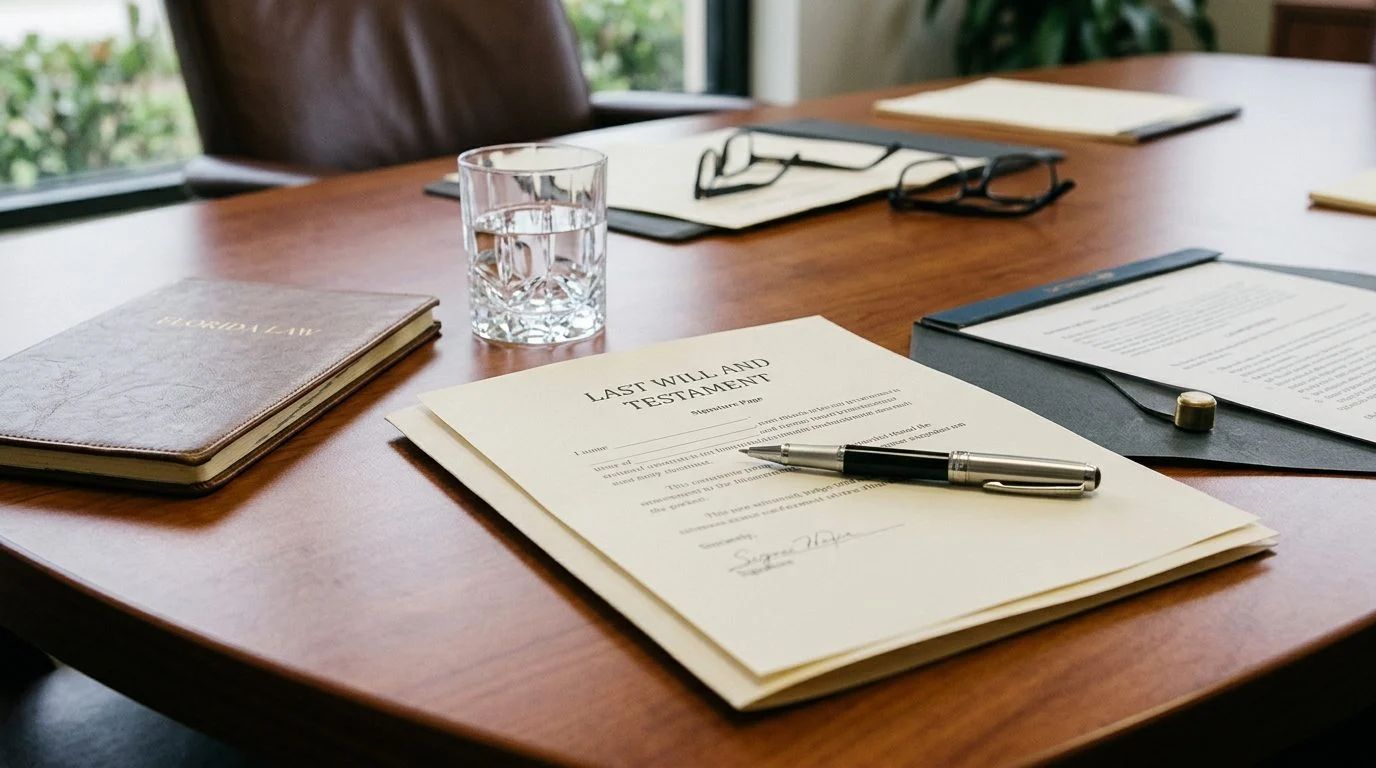 Close-up of a pen resting on a printed will document on a wooden desk.