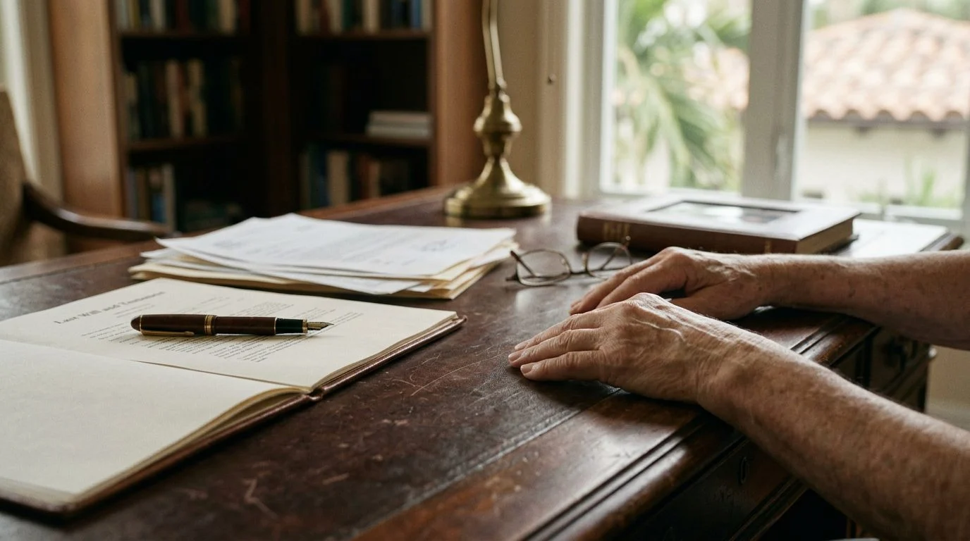 Close-up of a wooden desk with a legal document, pen, and eyeglasses in a Coral Gables law office.