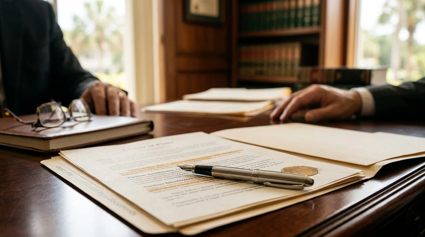 Close-up of a wooden desk with a legal folder, a pen, and estate paperwork, suggesting an inheritance dispute.