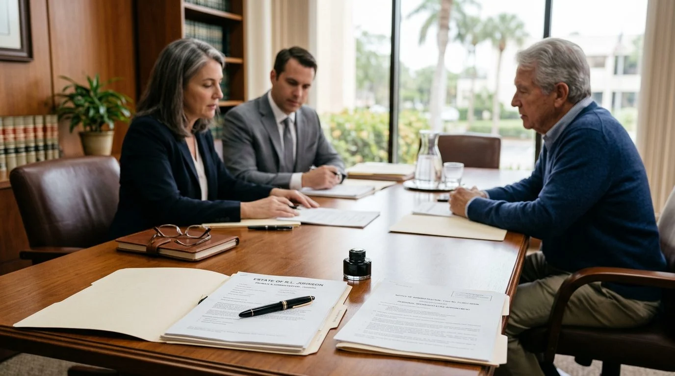 Close-up of estate paperwork, a pen, and a folder on a wooden desk, suggesting Florida probate administration.