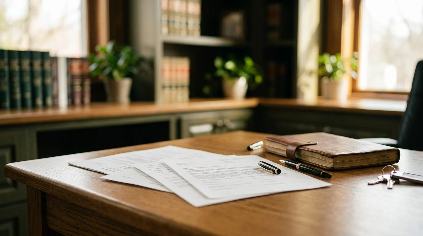 Close-up of estate planning forms, a pen, and a folder on a desk for payable-on-death and beneficiary paperwork.