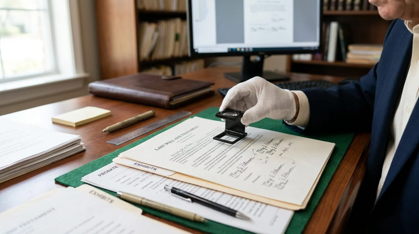 Close view of a desk with handwritten documents, a magnifying glass, and a pen, set up for handwriting examination.