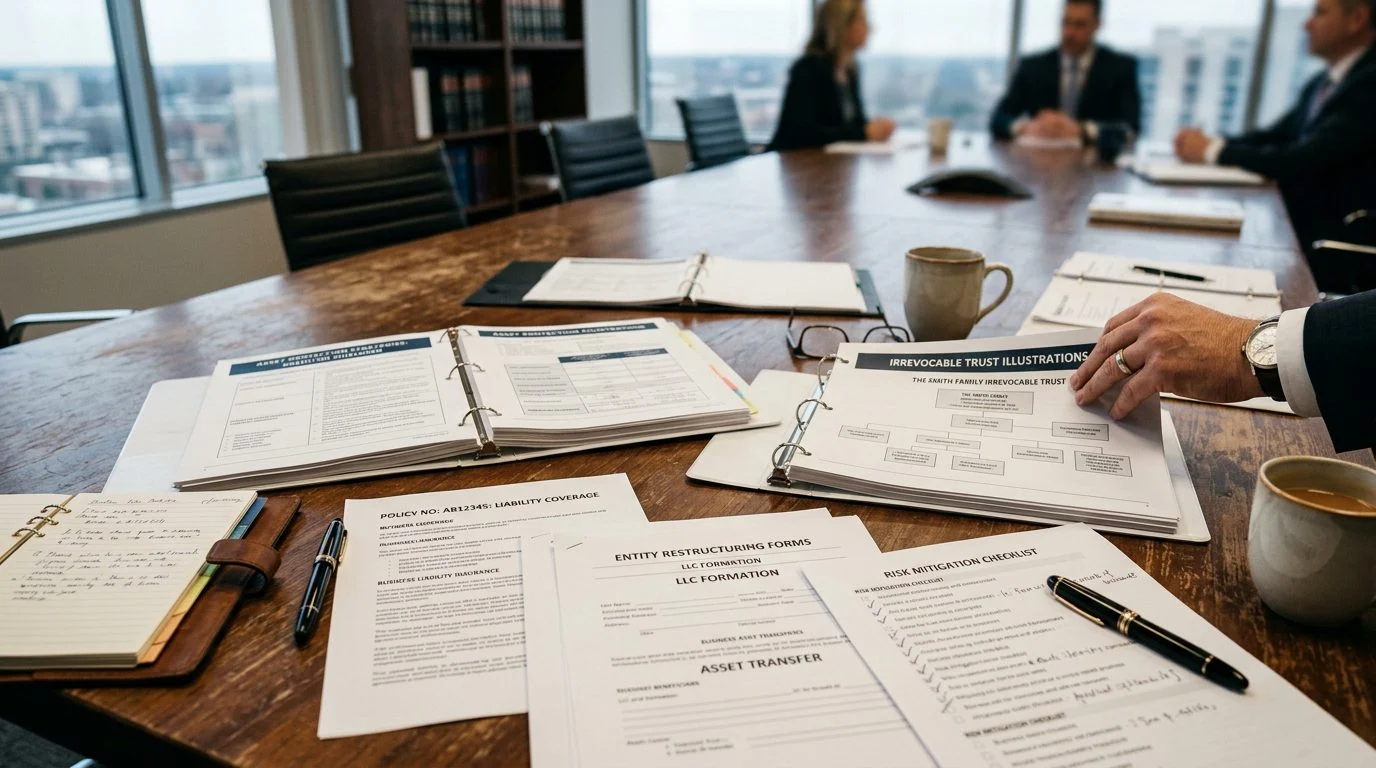 Conference table covered with binders, insurance policies, trust diagrams, and planning forms for asset protection.