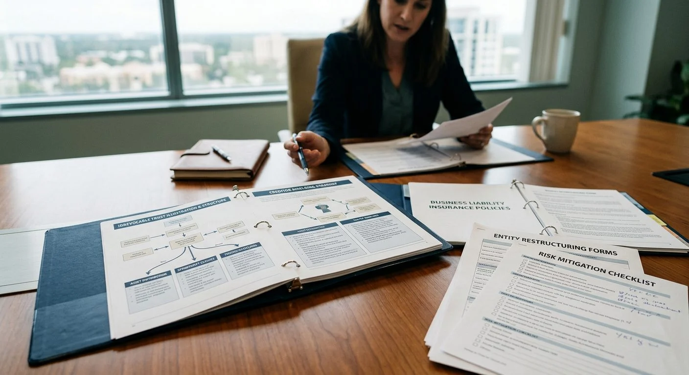 Conference table covered with binders, insurance policies, trust documents, and entity restructuring forms.