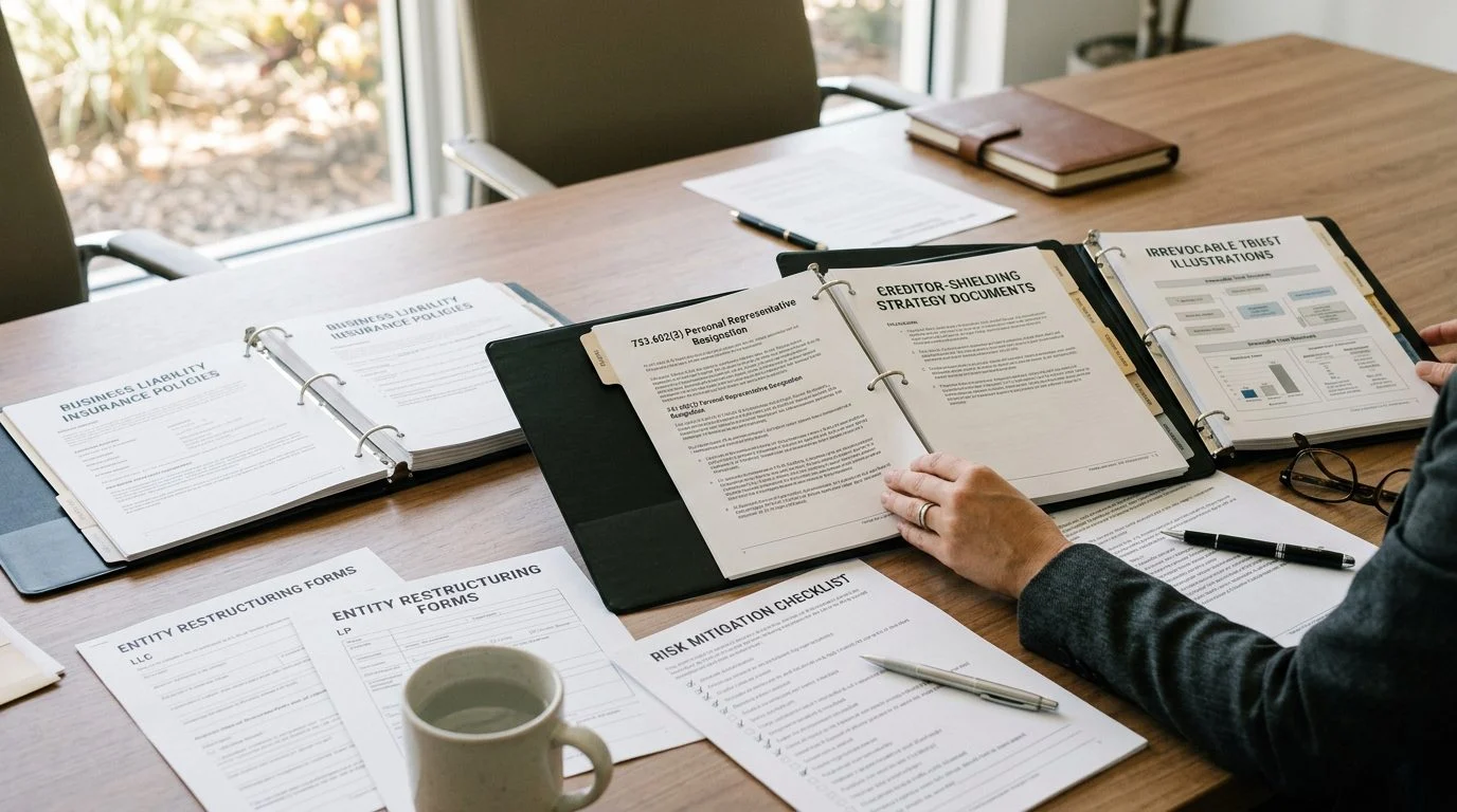 Conference table covered with open binders, insurance policies, trust diagrams, and restructuring forms for asset protection planning.