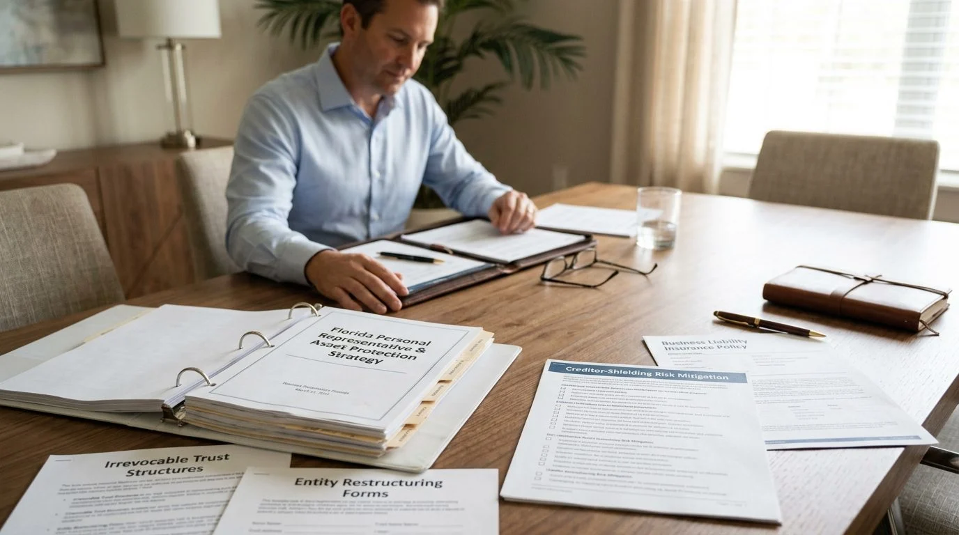 Conference table with binders, insurance policies, trust diagrams, and forms spread out for asset planning.